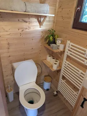 a bathroom with a shower with a toilet and a sink at Bee house