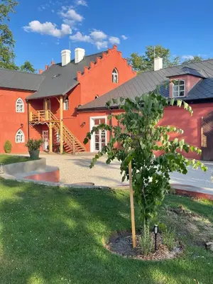 a tree in a yard in front of a building at Zámecká Stodola - Červený Hrádek u Sedlčan in Sedlčany