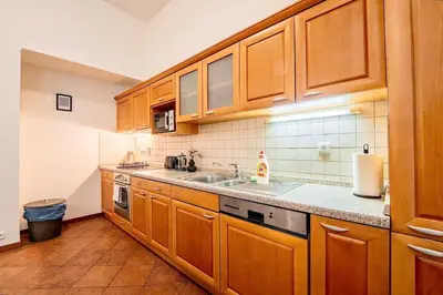 a kitchen with wooden cabinets and a sink at Lumi Retreat Prague in Prague