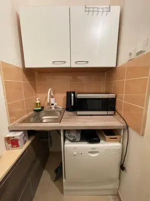 a small kitchen with a sink and a microwave at Štěpánská in Prague