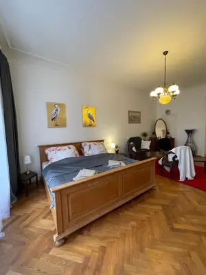 a bedroom with a large bed in a room at Štěpánská in Prague
