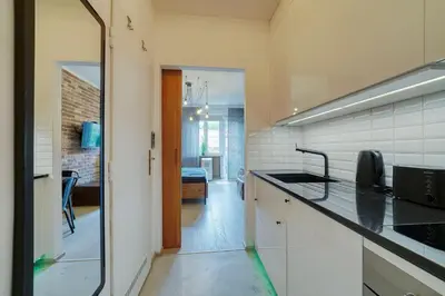a kitchen with white walls and black counter tops at Modern Industry Studio in Prague