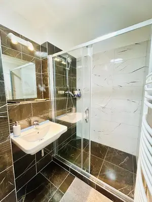 a bathroom with a sink and a shower at Villa many separate rooms with Free Parking Praha 4 libuš in Prague