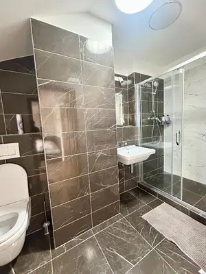 a bathroom with a toilet and a sink and a shower at Villa many separate rooms with Free Parking Praha 4 libuš in Prague