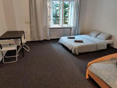 a bedroom with a bed and a desk and a window at Private Room With Free Parking Next to Railway Station in Prague