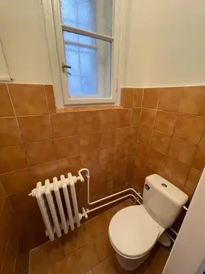 a bathroom with a toilet and a window and a radiator at Private Room With Free Parking Next to Railway Station in Prague