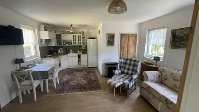 a kitchen and living room with a couch and a table at Chata Družec in Družec