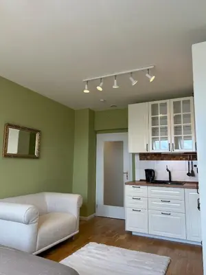 a living room with a couch and a kitchen at Pistachio Apartment National Museum View in Prague