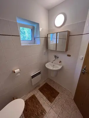a bathroom with a toilet and a sink and a window at Župky in Županovice