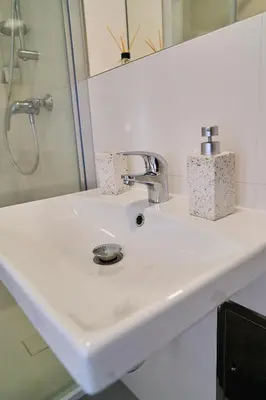a white bathroom sink with a shower and a mirror at Čenětická Apartment in Prague