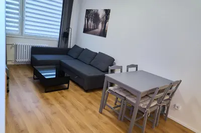 a living room with a couch and a table at Čenětická Apartment in Prague