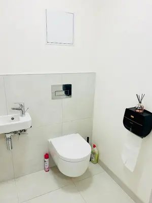 a white bathroom with a toilet and a sink at Luxury apartments with beautiful views in Prague