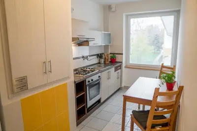 a kitchen with a stove and a table and a window at Penzion Staré Louny in Louny