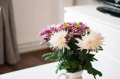 a bouquet of flowers in a vase on a counter at Penzion Staré Louny in Louny