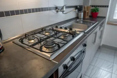 a kitchen stove top with a sink in a kitchen at Penzion Staré Louny in Louny