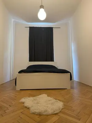 a bedroom with a bed with a black curtain and a rug at Spacious place on Metro station Andel in Prague