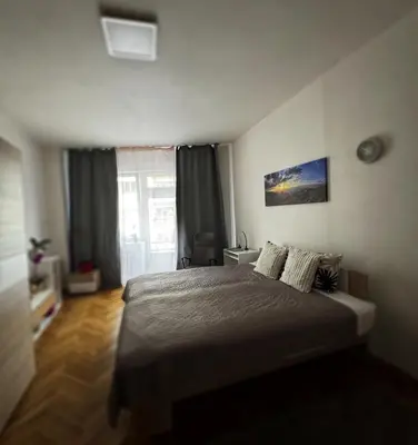 a bedroom with a bed in a room with a window at Downtown Prague in Prague