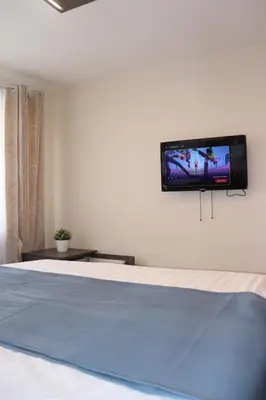 a bedroom with a bed with a flat screen tv on the wall at Royal Villas in Prague