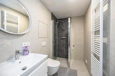 a bathroom with a toilet and a sink and a shower at Apartments Ripska in Prague
