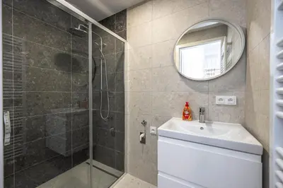 a bathroom with a shower and a sink and a mirror at Apartments Ripska in Prague