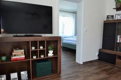 a living room with a flat screen tv on a entertainment center at Newly renovated house near Prague in Nové Jirny