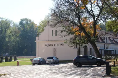 two cars parked in a parking lot in front of a building at Olivův Pivovar in Dolní Břežany