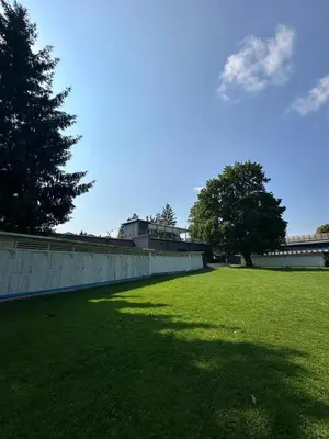 a large grassy field with a fence and a tree at Čerčanská Koupadla - glampingové stany in Benešov