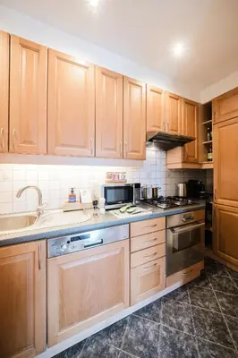 a kitchen with wooden cabinets and stainless steel appliances at Prague Days - Maisonette Retreat with Terrace, AC and TV Tower View in Prague