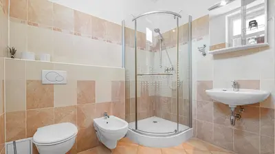 a bathroom with a shower and a toilet and a sink at Hotel Samechov - konferenční hotel in Samechov