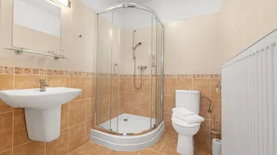 a bathroom with a shower and a toilet and a sink at Hotel Samechov - konferenční hotel in Samechov