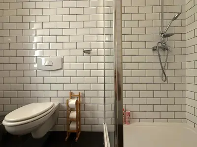 a bathroom with a toilet and a shower at Peaceful 1Bedroom Flat at Local side of the Center in Prague