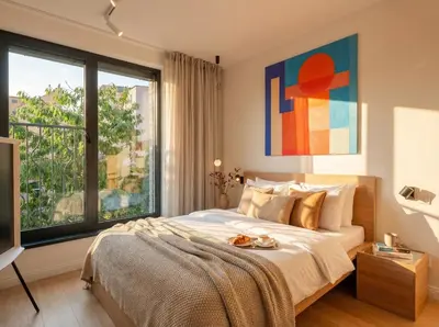 a bedroom with a bed and a large window at Turnkey I Henry's Tower Apartments in Prague