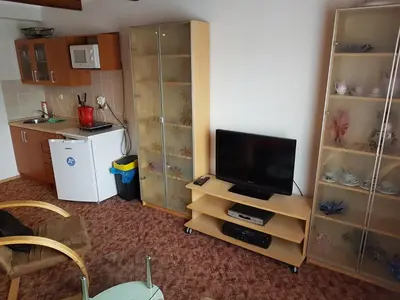 a living room with a television on a stand with a kitchen at Apartment Příbram in Příbram