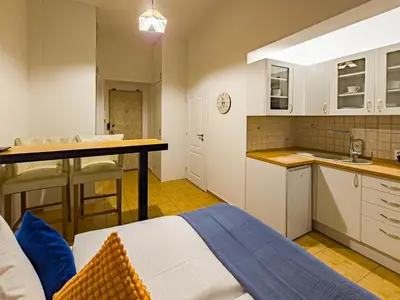 a kitchen with a bed and a sink in a room at Quiet Central Station Apartments in Prague