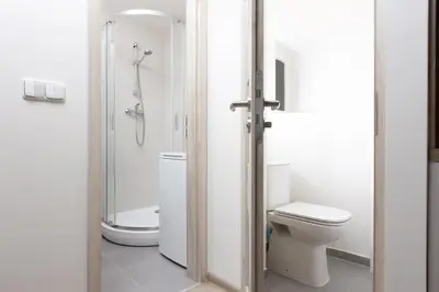 a bathroom with a toilet and a shower in it at Apartment with 2 bedrooms with kitchen near metro in Prague