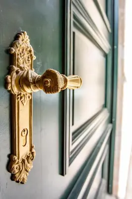 a gold door knob on a white door at Rhapsody in Prague