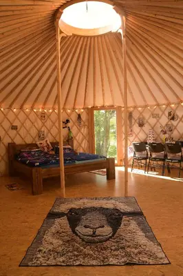 a room with a bed in a yurt with a rug at 01 JURTA šedá u stodoly