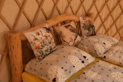 a chair with pillows on it in a room at 02 JURTA hnědá v jablečném sadu
