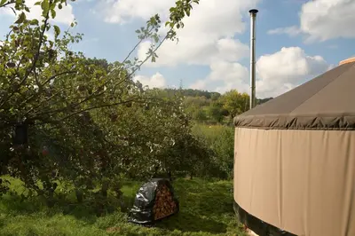 a tent in the grass next to an apple tree at 02 JURTA hnědá v jablečném sadu