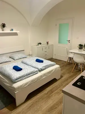 a bedroom with two beds with blue pillows at Cozy Budget Studio by F&S in Prague