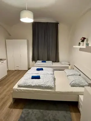 a bedroom with two beds and a window at Cozy Budget Studio by F&S in Prague