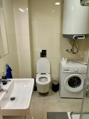 a bathroom with a toilet and a sink and a washing machine at Cozy Budget Studio by F&S in Prague