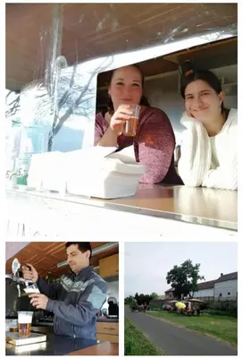 two pictures of a man and a woman drinking a drink at Camp in Horní Počaply