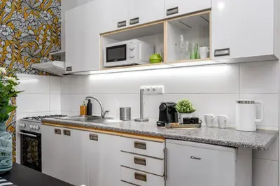 a white kitchen with a sink and a microwave at Botanica Suite Prague in Prague