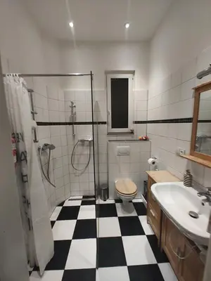 a bathroom with a black and white checkered floor at Prague-2 Vinohrady Apartment in Prague