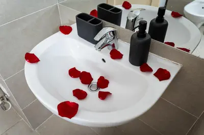 a bathroom sink with red hearts on it at Aurora Estate Elegance in Prague