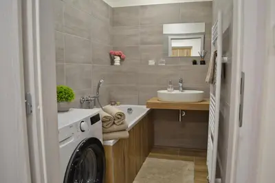 a bathroom with a sink and a washing machine at Apartmán u Fontány 2-free parking in Poděbrady