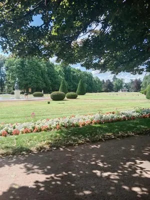 a garden of flowers with a field in the background at Apartmán u Fontány 2-free parking in Poděbrady