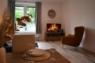 a living room with a table and a fireplace at Apartmán u Fontány 2-free parking in Poděbrady