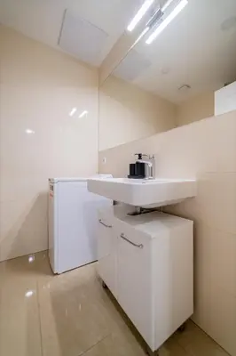 a white kitchen with a sink and a refrigerator at Historic Cozy Apartment with National Museum View in Prague